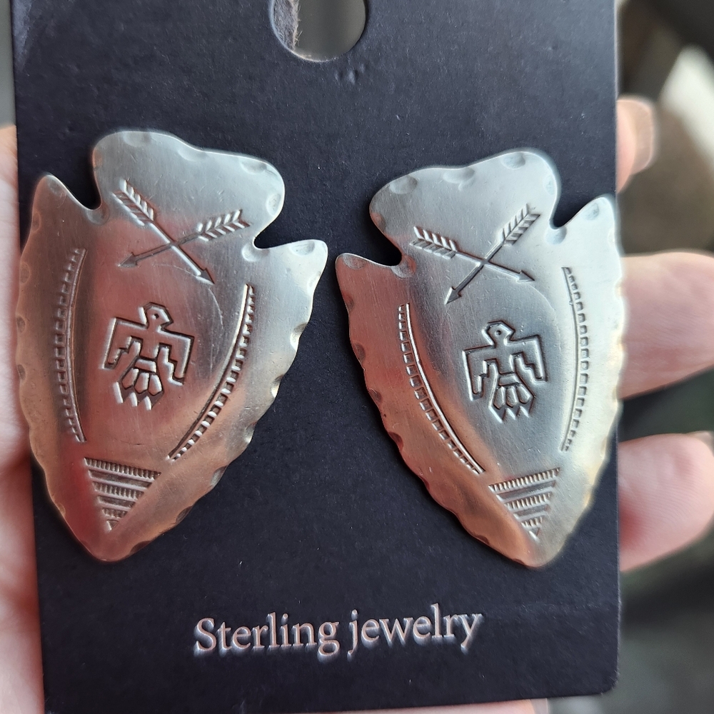 Handmade Sterling Silver 925 Navajo Native American Statement Arrowhead Earrings